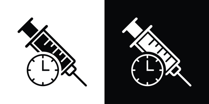 Medical syringe and clock icon set. Minimalist vector illustration representing vaccination timing, scheduled injections, or medical reminders in black and white styles.