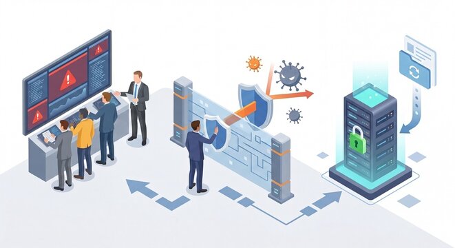 Cybersecurity team monitors network threats data protection firewall blocks viruses and secure server with padlock ensures data integrity and system safety in isometric illustration