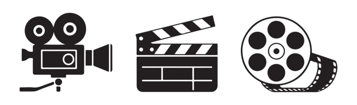 Cinema icons set including camera clapperboard and film reel isolated on transparent background.