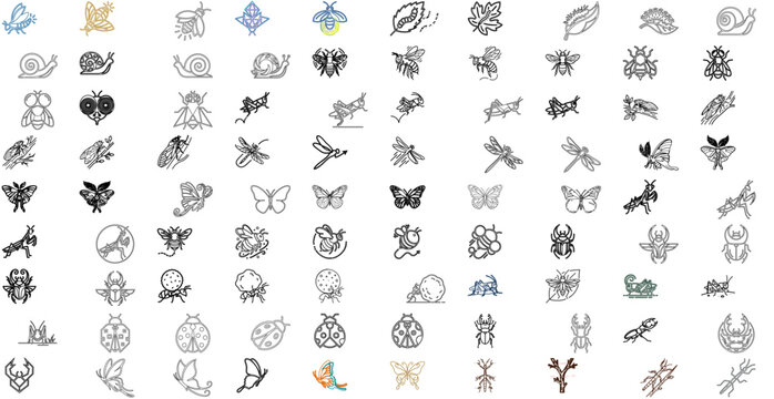 Insects and Bugs 1 Vector Icon Set: 90 Minimalist Line Illustrations featuring Honey Bee, Firefly, Grasshopper, Snail, Caterpillar, Housefly, and Cicada in a Professional Nature Design Collection EPS.