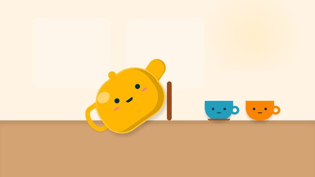 Animated Yellow Teapot Serving Hot Tea to Cute Colorful Cups.