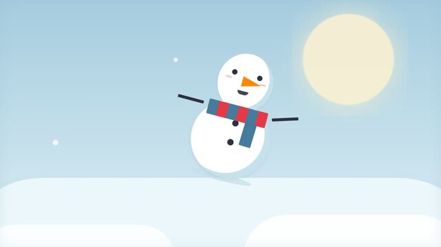 Animated Cartoon Snowman Waving Hello in a Sunny Winter Landscape.