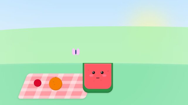 Cute Animated Watermelon Character Having a Picnic in a Sunny Meadow.