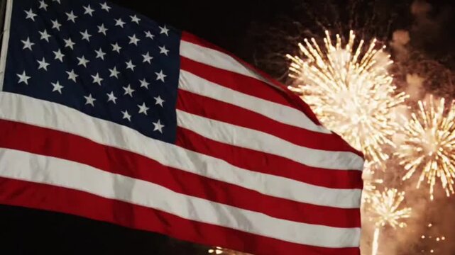 american flag 4th july waving in slow motion against a dark night sky with bright golden fireworks exploding in background, patriotic celebration concept.