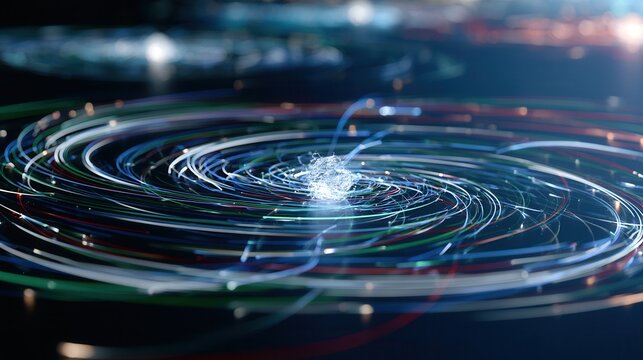 Motion of colorful lights in a circular path creating a dynamic scene in a dark environment during the night