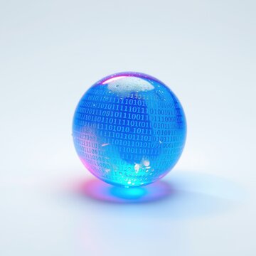 Glowing sphere displays binary code. Blue, pink hues illuminate surface. Minimalist studio shot, clean background. Digital concept.