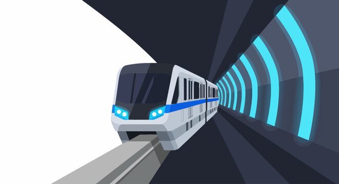 Futuristic High-Speed Maglev Train Traveling Through Modern Tunnel with Blue Neon Lights, Vector Illustration Concept for Smart City Transportation