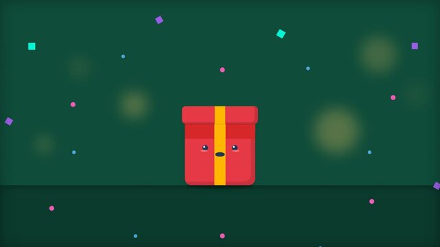Animated Red Gift Box Character Celebrating with Confetti on Dark Green Background.