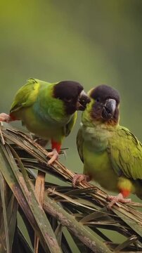 Two nanday conures perched on a palm leaf preening each other affectionately
