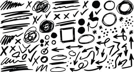 Hand drawn doodle vector set featuring various arrows circles checkmarks and scribbles isolated on a clean white background design © Arun