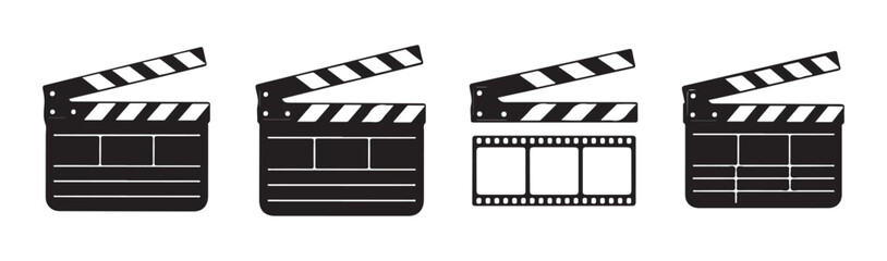 Fototapeta premium Film production icons set including clapperboards and film strip on transparent.