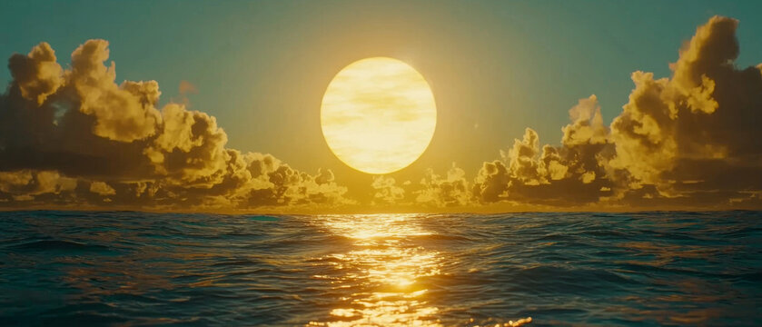 A prominent golden sun dominates the horizon above a calm ocean, flanked by dramatic clouds, with a shimmering reflection on the water