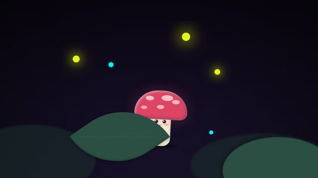 Cute Animated Mushroom Character Surrounded by Glowing Fireflies in a Dark Forest Night.