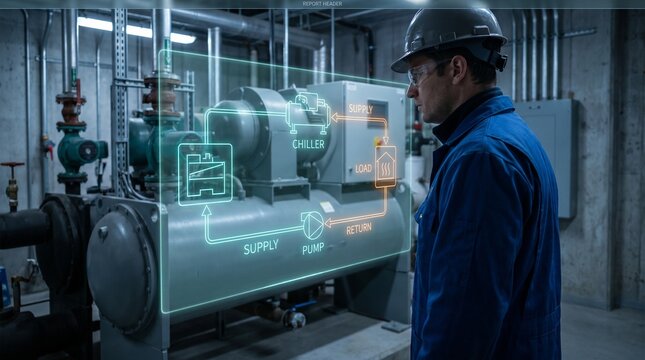 Engineer analyzing a digital schematic of a chiller system in an industrial facility