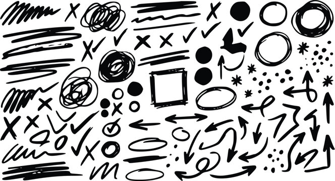 Hand drawn doodle vector set featuring various arrows circles checkmarks and scribbles isolated on a clean white background design