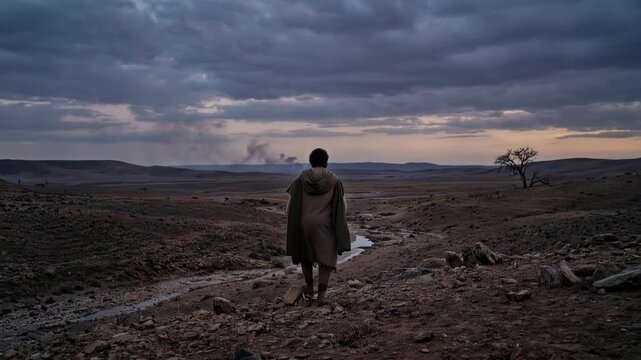 Solitary biblical figure in robes wandering a barren wilderness at dusk, meditative prophet-like wanderer crossing a rocky valley under stormy clouds, evoking ancient Bible journey