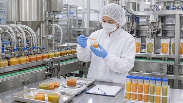 Worker monitoring baby food packaging line in modern factory, showing careful ingredient handling, sealed containers and strict quality control process.
