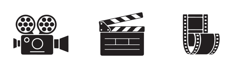 Fototapeta premium Cinematography equipment icons featuring retro recording camera clapperboard and film reel strip.