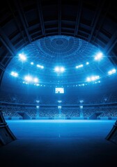 Fototapeta premium Modern Indoor Sports Arena with Glowing Blue Dome Roof and Professional Football Field