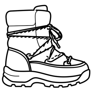 Heavily insulated winter snow boot vector icon with editable stroke. Professional line art illustration of warm footwear for cold weather and hiking. Customizable line weight flat design asset.