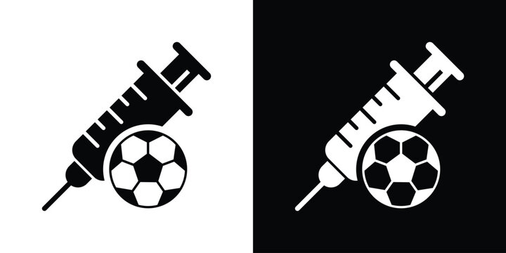 Sports doping vector icon featuring a syringe and a soccer ball. Black and white split illustration representing performance-enhancing drugs in sports.