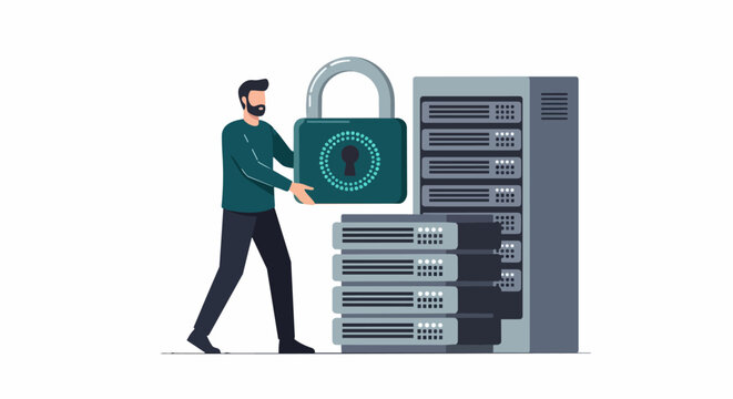 Cybersecurity and Data Privacy Concept with a Person Carrying a Large Padlock to Secure Server Racks for Information Safety and Network Protection