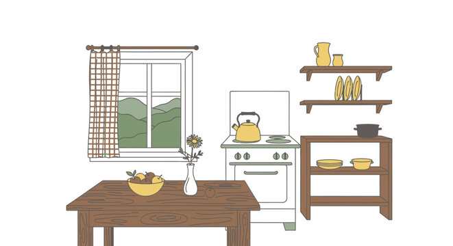 Cozy kitchen interior with wooden table stove and decorative shelves