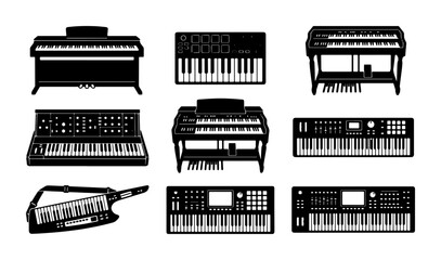 Diverse Keyboard Instruments Collection, Electronic Synthesizer Icons, Digital Piano Vector Graphics, Music Production Gear Set, Black and White Musical Equipment © Rupali