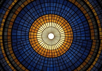 Naklejka premium Circular stained glass dome with radial pattern and central skylight in architectural interior