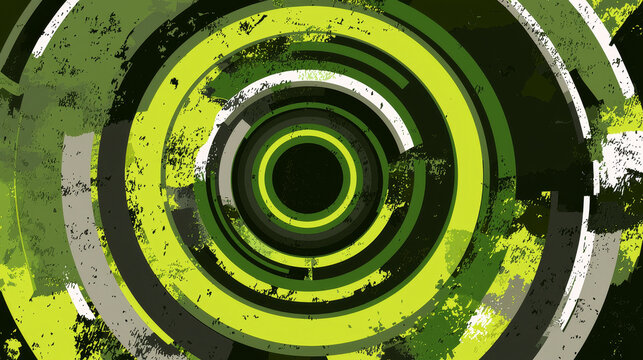 Abstract grunge pattern with concentric circles in shades of green, black, and white, creating a distressed, dynamic effect