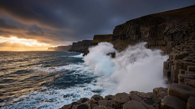Waves crash against basalt columns on a rugged coastline at sunset.