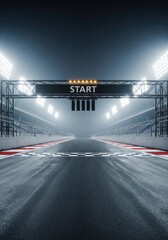 Naklejka premium Professional Race Track Starting Line at Night with Bright Stadium Lights and Foggy Atmosphere