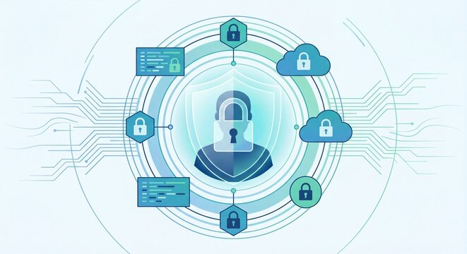 Digital security concept with padlock and shield protecting user data