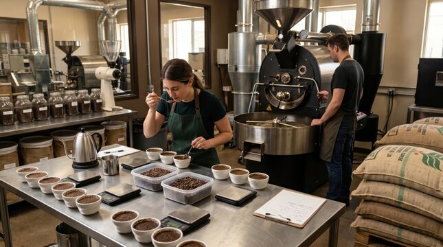 Coffee roaster performing cupping and batch evaluation with roasted samples, clean testing setup and industrial production equipment in background.