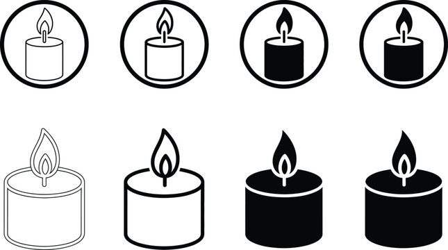 Collection of candle icons with flames in circle and plain outlines fire icon light source