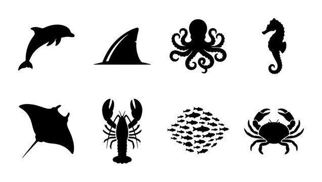 Oceanic Wildlife Silhouettes: Dolphin, Shark Fin, Octopus, Seahorse, Manta Ray, Lobster, Fish School, Crab Icons for Marine Themes