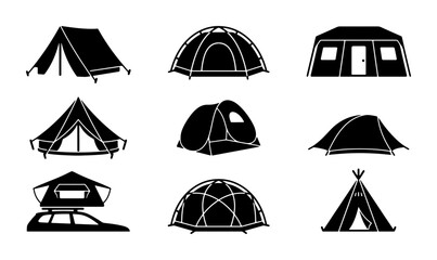 Diverse Camping Tent Icons Set, Outdoor Shelter Silhouettes Collection, Adventure Gear Vector Graphics for Travel and Recreation © Adnan