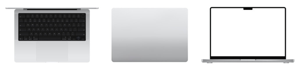 Naklejka premium Photorealistic detailed silver grey notebook mockup. Front and top view of opened notebook isolated on transparent background. Vector PNG