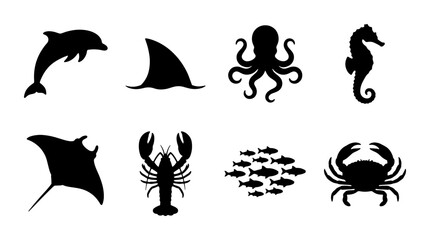 Marine Life Silhouettes: Dolphin, Octopus, Seahorse, Crab, Lobster, Manta Ray, Fish School, Shark Fin Icons for Oceanography and Aquatic Themes © Adnan