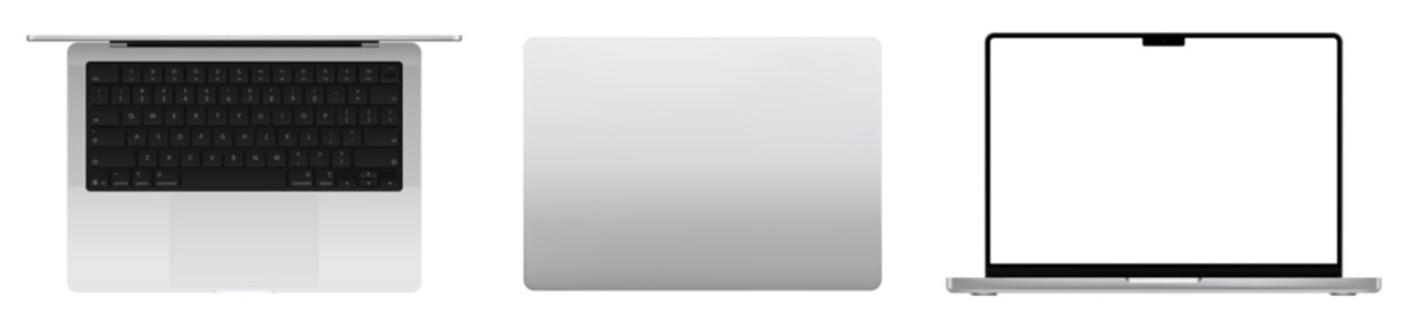 Photorealistic detailed silver grey notebook mockup. Front and top view of opened notebook isolated on transparent background. Vector PNG