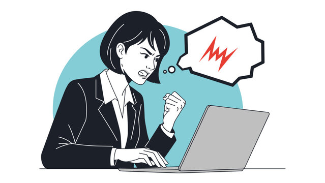 Frustrated businesswoman working on laptop computer with an angry expression and a jagged speech bubble showing red lightning bolts.
