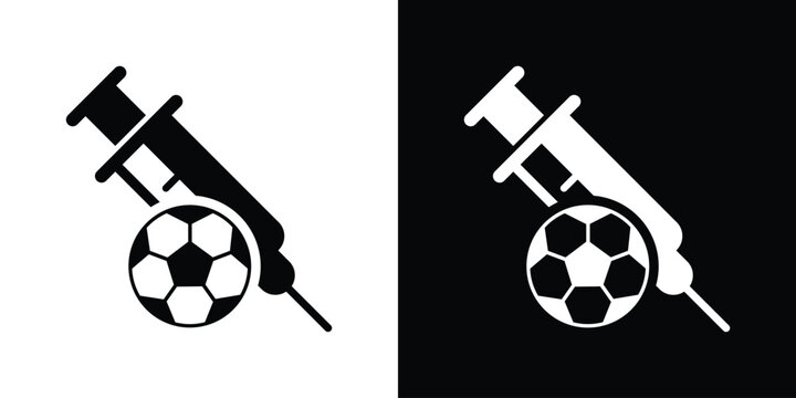 Sports doping vector icon featuring a syringe and a soccer ball. Black and white split illustration representing performance-enhancing drugs in sports.