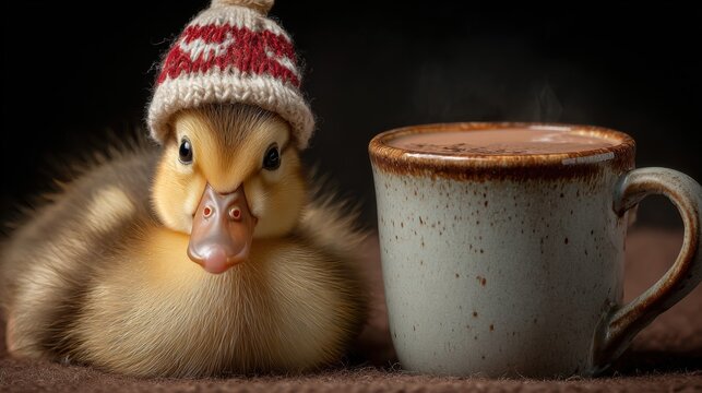 Adorable duckling in a cozy hat enjoys a warm cup of hot chocolate on a lazy morning