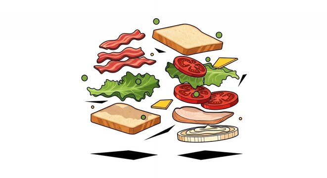 Creative Floating BLT Sandwich Illustration with Fresh Lettuce Tomato Bacon and Toast on White Background