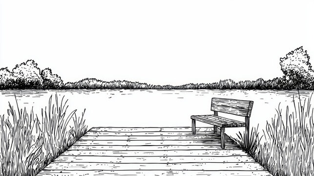Black and white sketch of a wooden dock with a bench, surrounded by reeds, facing a lake with distant trees