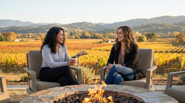 Two women enjoying conversation by a fire pit overlooking a vineyard in autumn