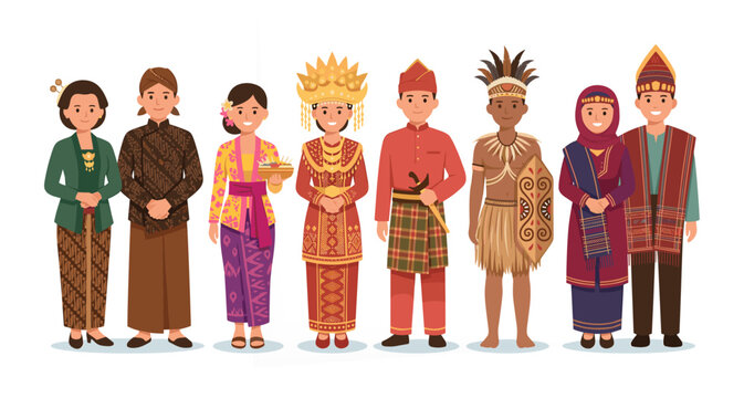 Indonesian Traditional Clothing People Collection Flat Vector Illustration Set