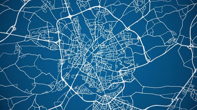 Ink reveal animation of Le Mans, Sarthe, Pays de la Loire, France grid map. Aerial top view. Blueprint style. White lines with blue background. 4K Seamless loop.