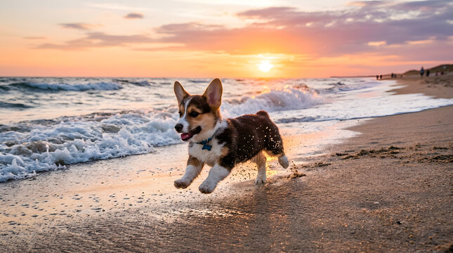 Two dogs running joyfully on sandy beach at golden sunset with ocean waves