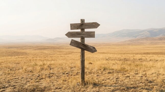 Wooden signpost with three blank directional arrows in a dry, barren desert landscape